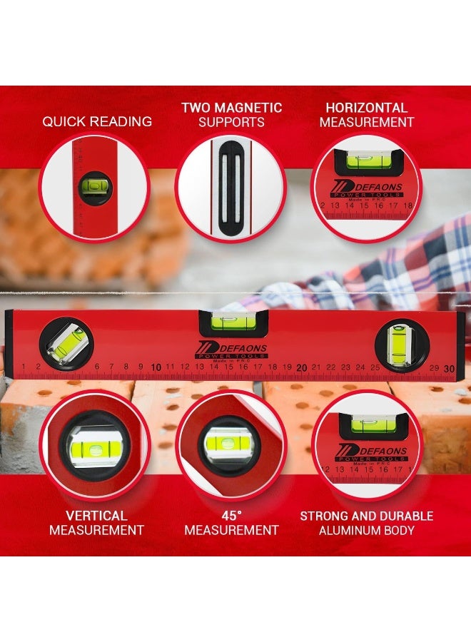 ديفاونز ميزان تسوية مغناطيسي بطول 30 سم، هيكل من الألومنيوم مع ثلاث فقاعات لقياس الزوايا 180 و90 و45 درجة، أداة قياس أفقية وعمودية، أغطية طرفية ماصة للصدمات، مغناطيس قوي، مناسب لأعمال البناء والنجارة والسباكة والكهرباء والأعمال اليدوية، أداة قياس احترافية ومتينة للاستخدام الشاق. - Image 5